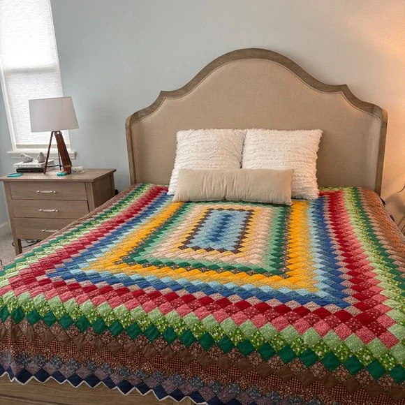 Vtg Patchwork Quilt Handmade Trip Around the World Full/Queen Cottage 100x85 - Picture 2 of 16